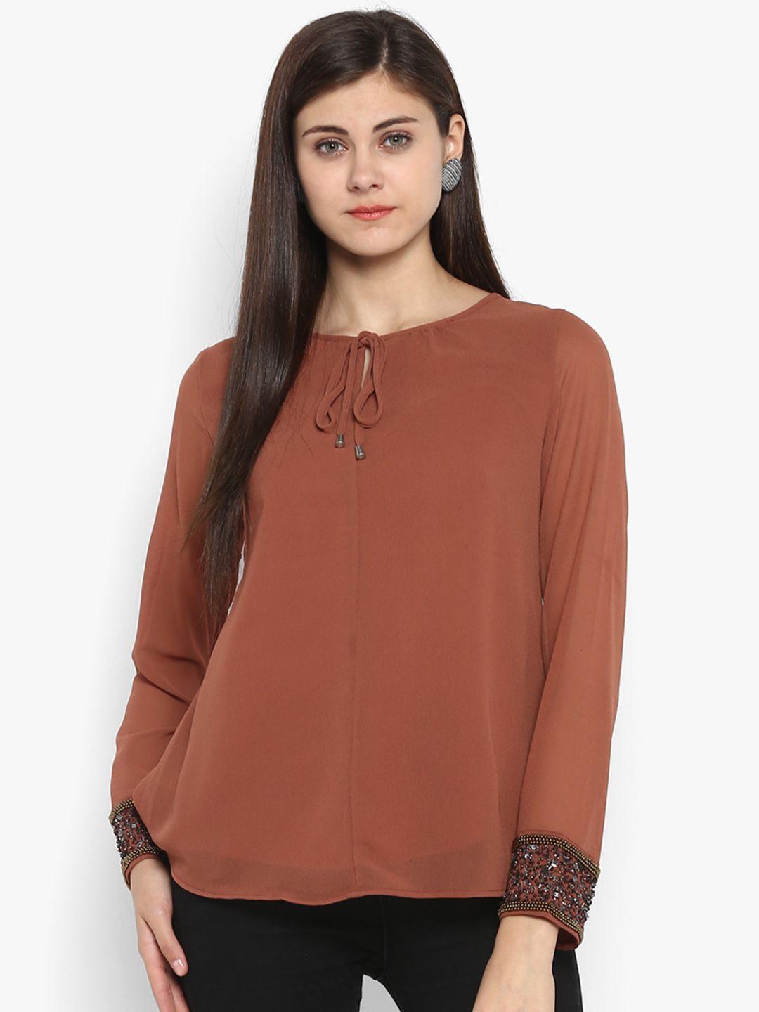 antheaa women rust brown hand embroidered sleeve top