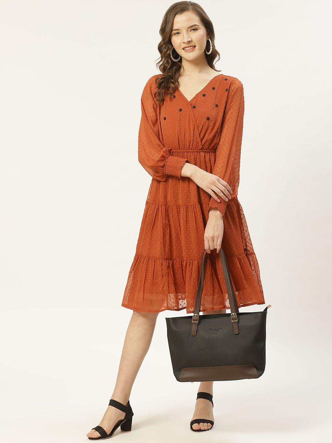 antheaa women rust orange dobby weave sequinned tiered wrap dress