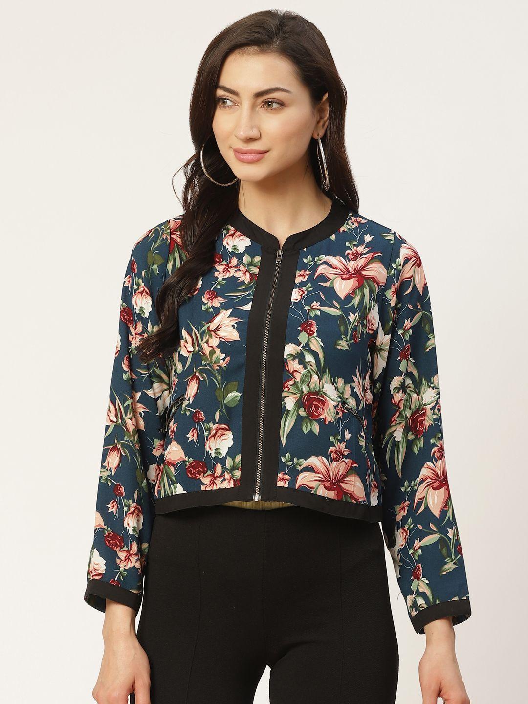 antheaa women teal blue & peach-coloured floral printed tailored jacket