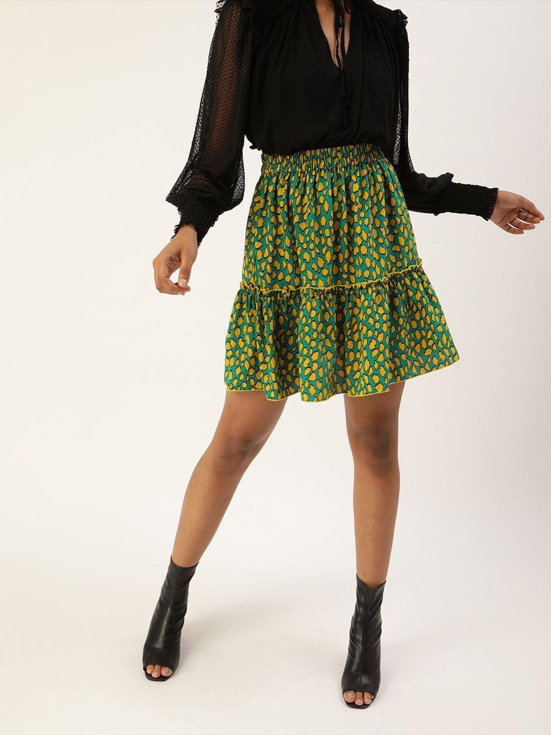 antheaa women teal green & yellow animal printed tiered skirt