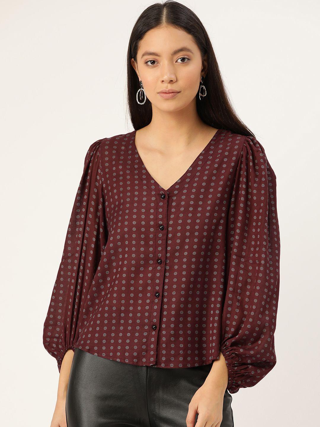 antheaa women wine-coloured & charcoal grey pleated polka dots printed puff sleeves pure cotton top