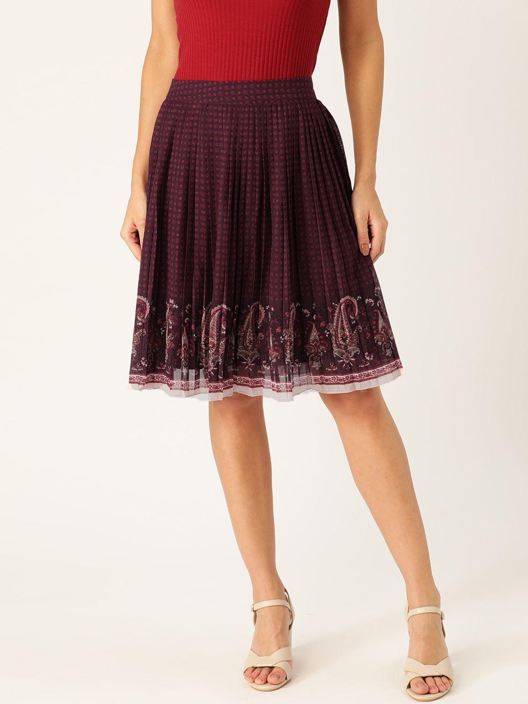 antheaa women wine-coloured & red floral printed accordion pleated a-line skirt