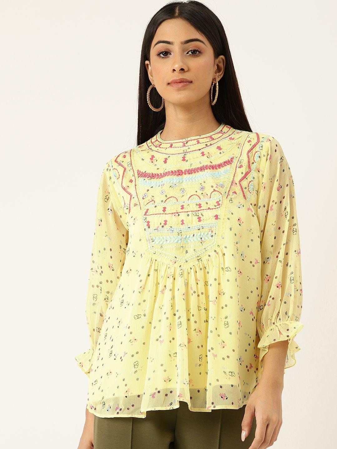 antheaa women yellow & blue floral print embroidered chiffon top