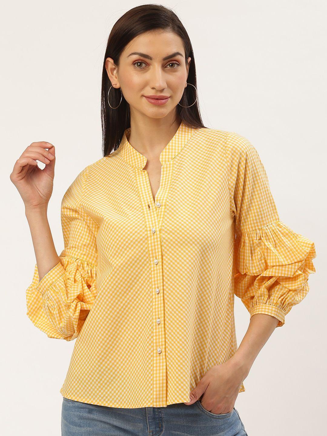 antheaa women yellow & white regular fit checked casual shirt