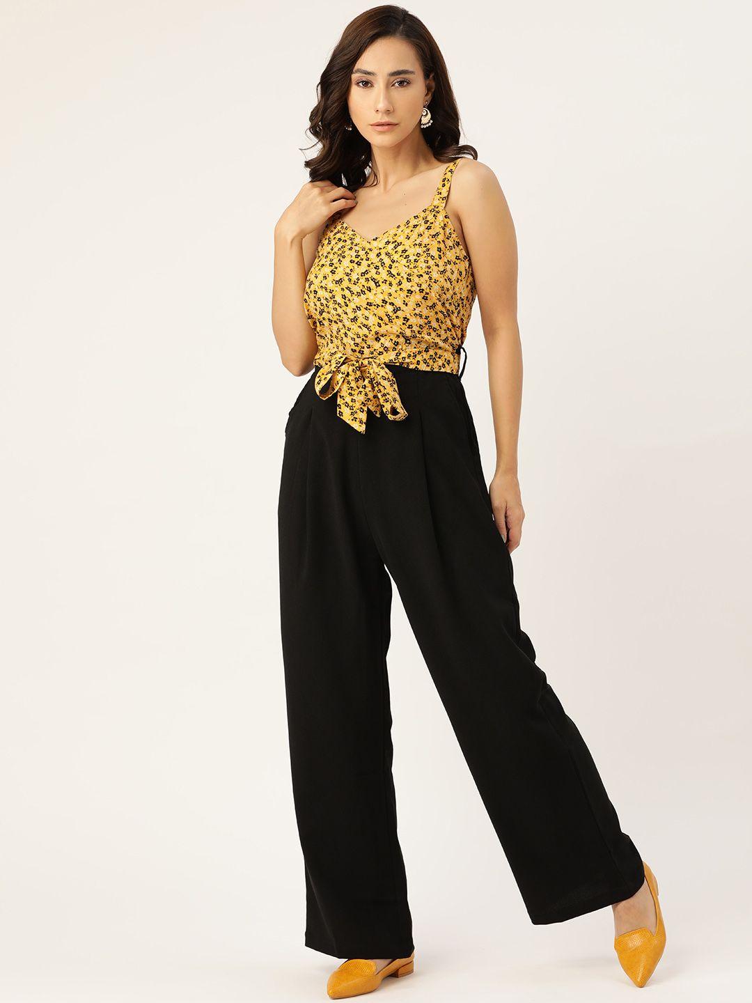 antheaa yellow & black floral print basic jumpsuit with belt