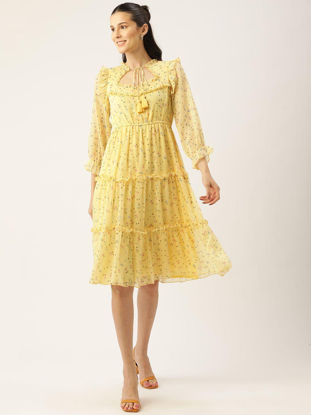 antheaa yellow floral chiffon midi dress