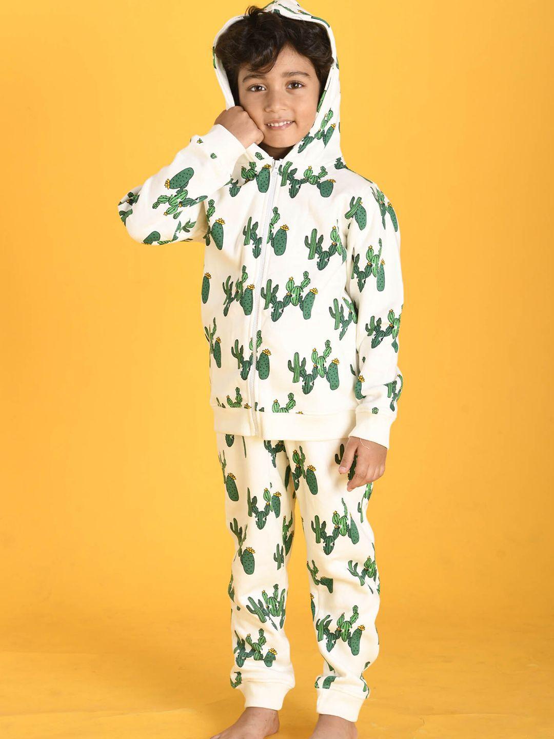 anthrilo boys white & green cactus printed hooded zipper top with trouser set