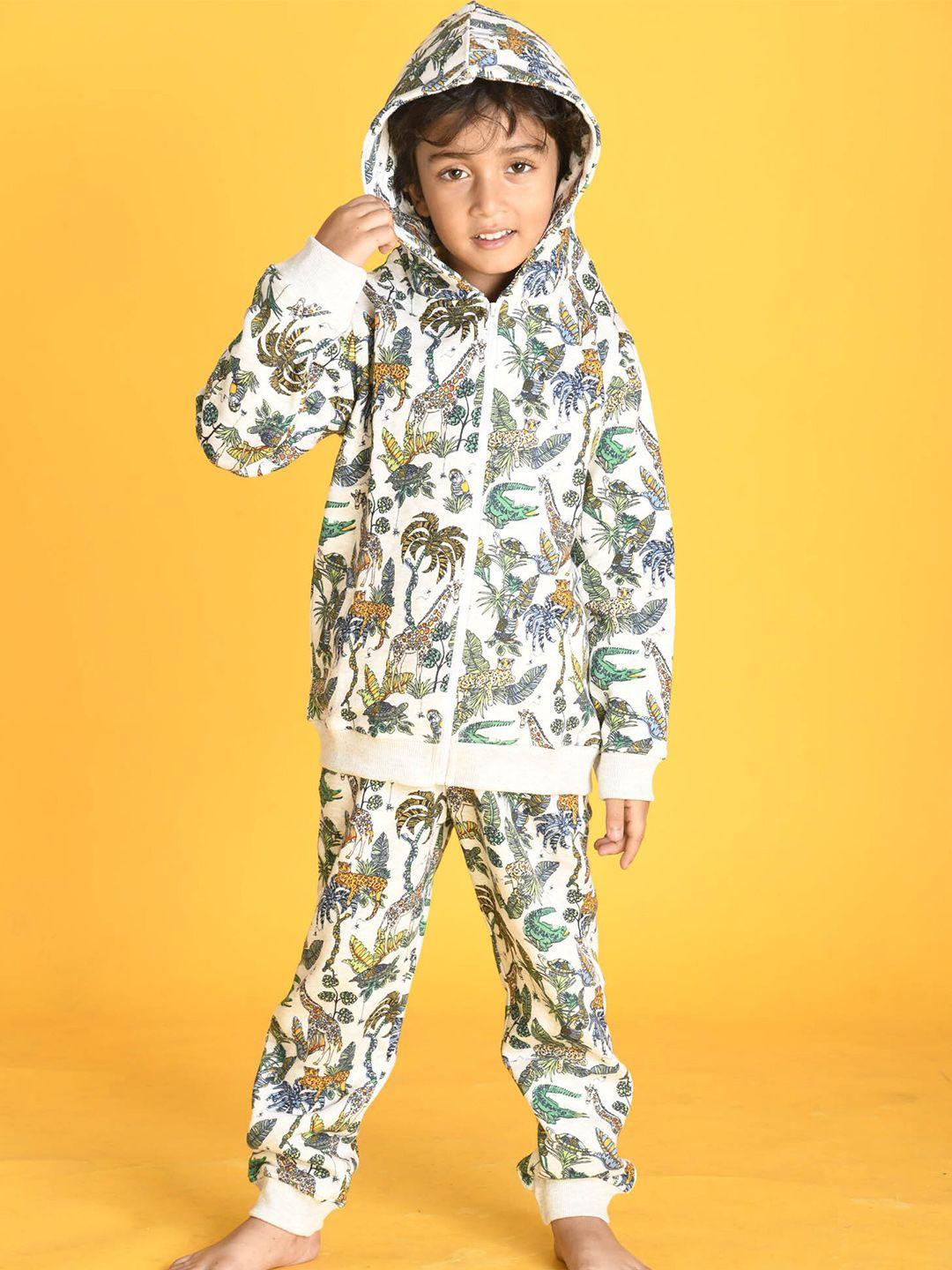 anthrilo boys white & green printed jungle hooded zipper top with joggers set