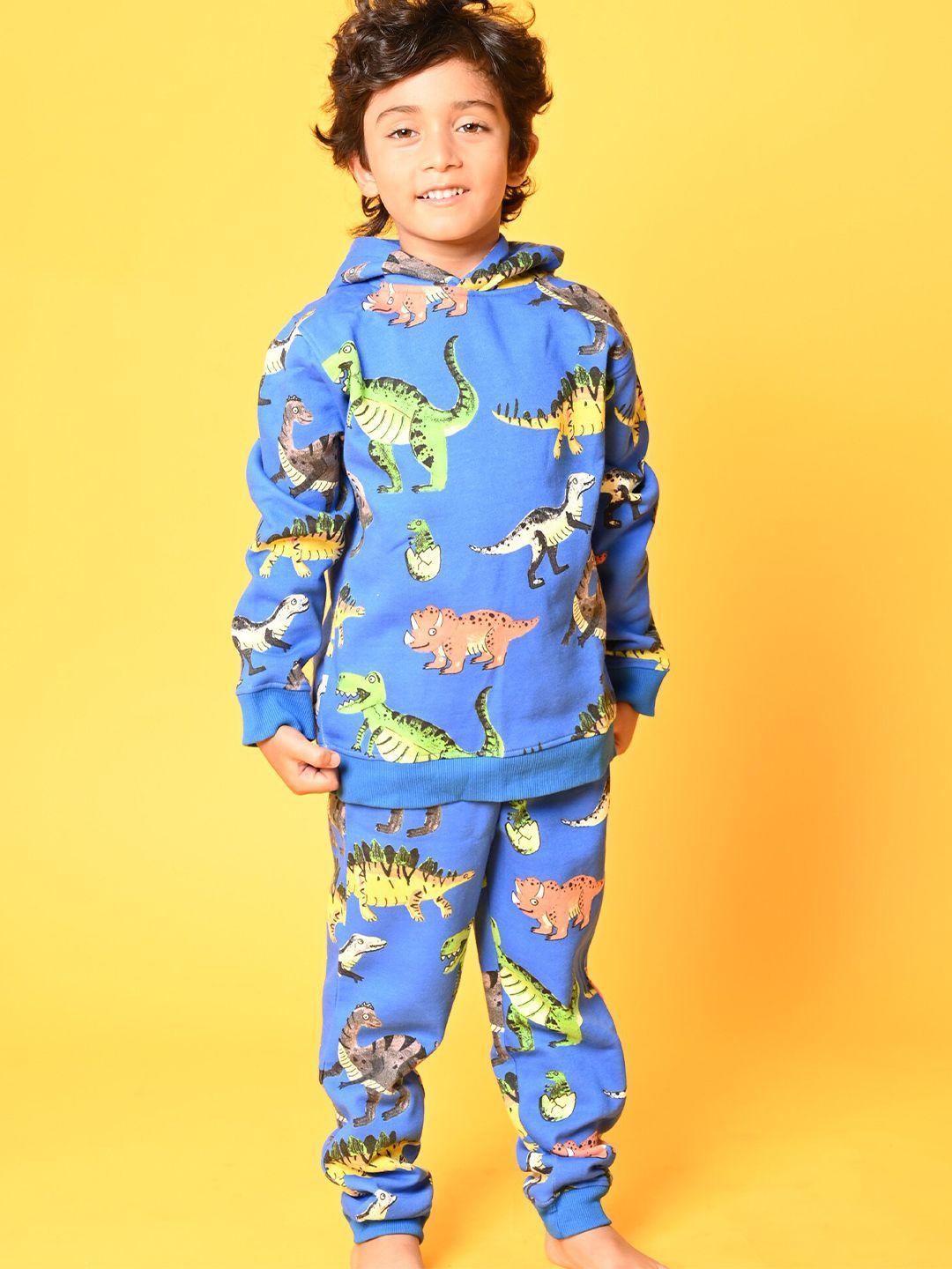 anthrilo boys blue & green dinosaur fleece hoodie jogger set