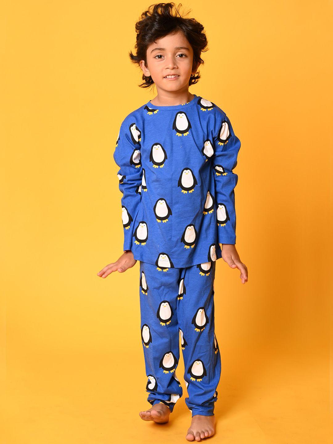 anthrilo boys blue & white printed pure cotton night suit