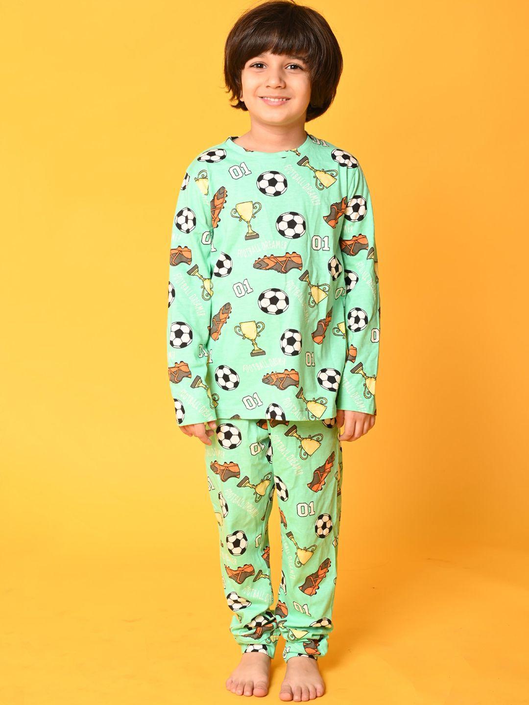 anthrilo boys green & white printed pure cotton night suit