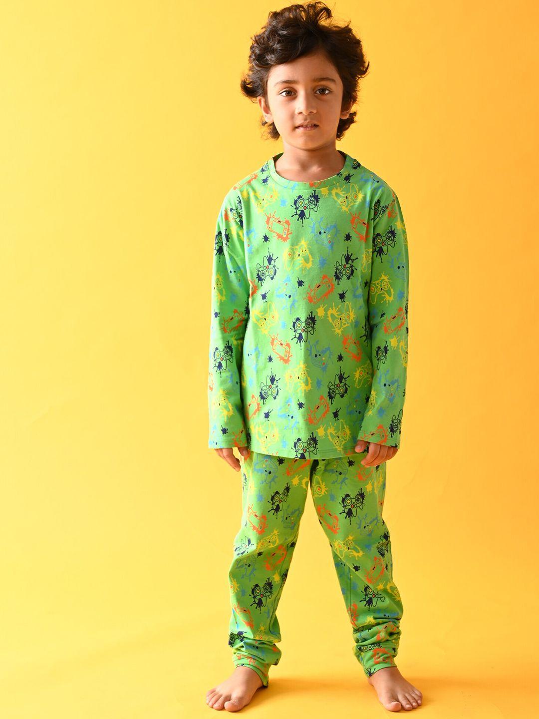 anthrilo boys green & yellow printed pure cotton night suit