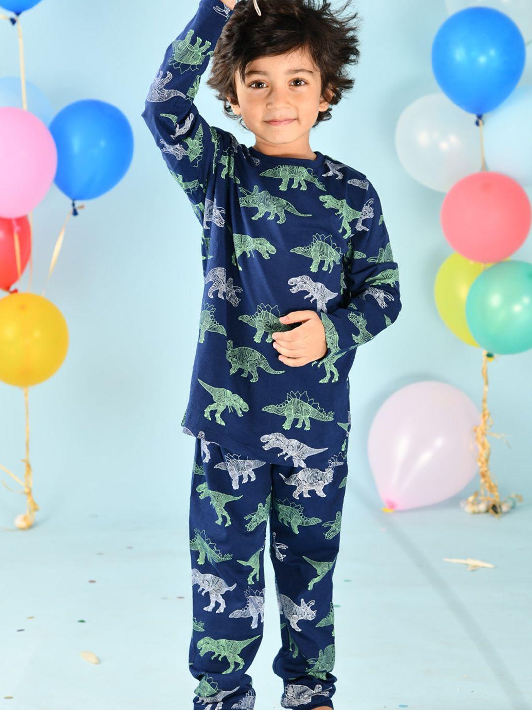 anthrilo boys navy blue & green printed pure cotton night suit