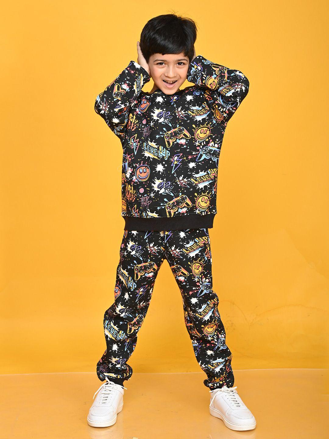 anthrilo boys printed round neck fleece sweatshirt & joggers set