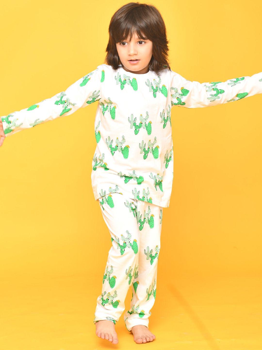 anthrilo boys white & green printed cotton night suit