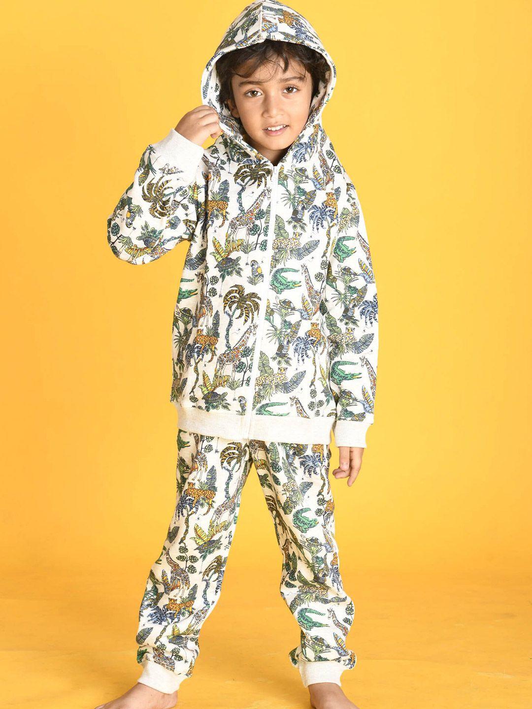 anthrilo boys white & green tropical printed hooded fleece sweatshirt with joggers