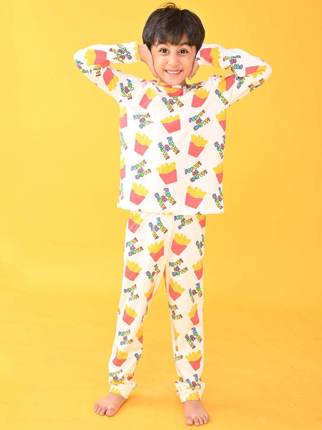 anthrilo boys white & yellow printed pure cotton night suit