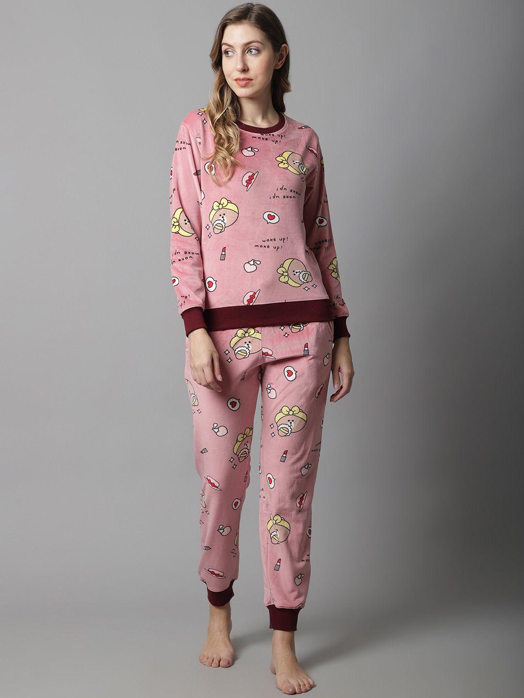 anti culture women peach-coloured printed night suit