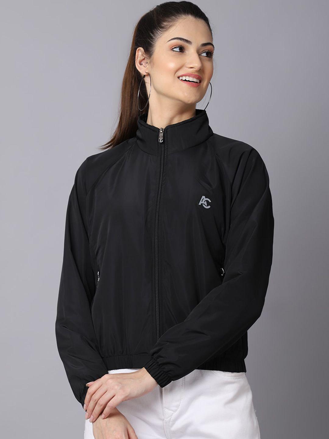 anti culture women black raisin black colourblocked windcheater crop outdoor sporty jacket with embroidered