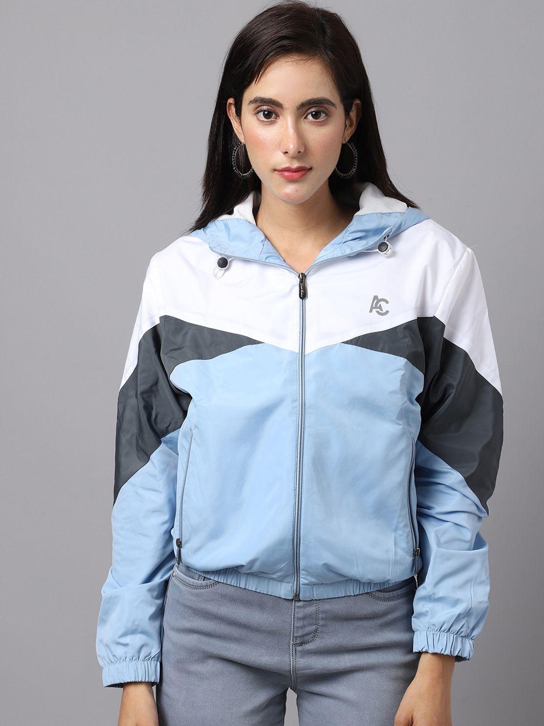 anti culture women blue & white colourblocked bomber jacket