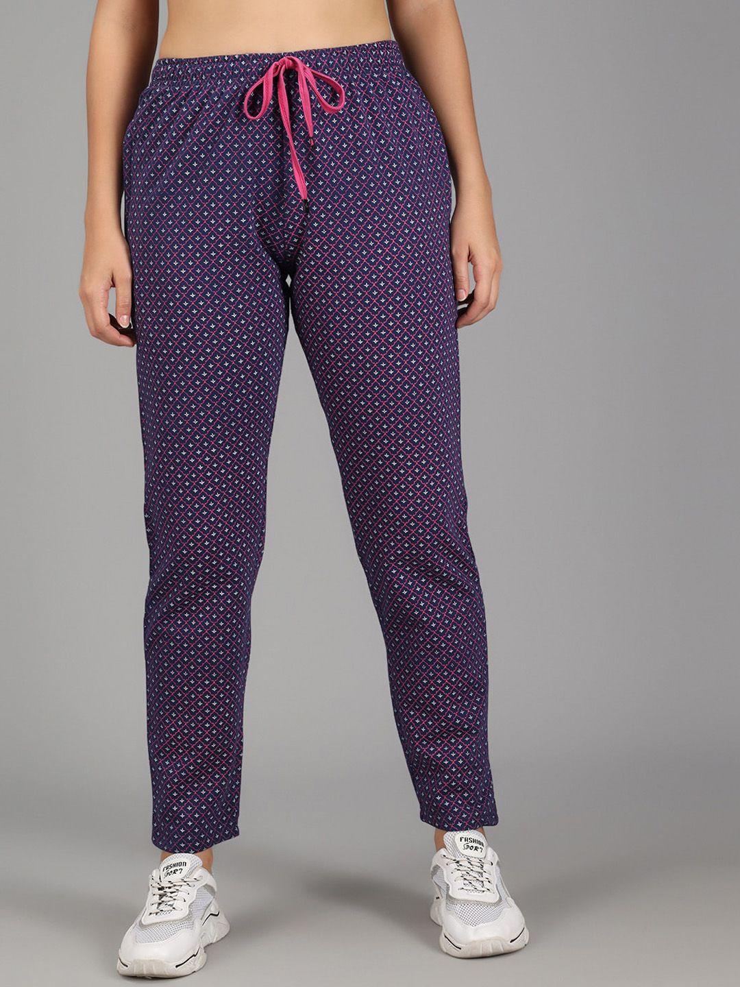 anti culture women navy blue & pink printed cotton track pants