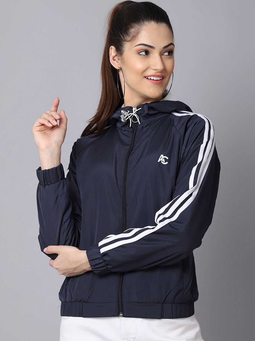 anti culture women navy blue windcheater outdoor sporty jacket with patchwork