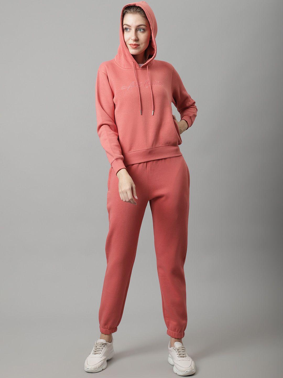 anti culture women peach -colored solid cotton hooded tracksuits
