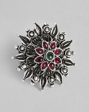 antique adjustable oxidised plated floral ring