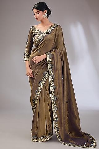 antique brown gold tissue silk hand embroidered saree set