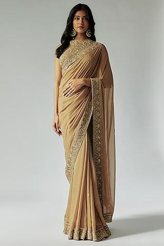 antique gold georgette cutdana embroidered saree set