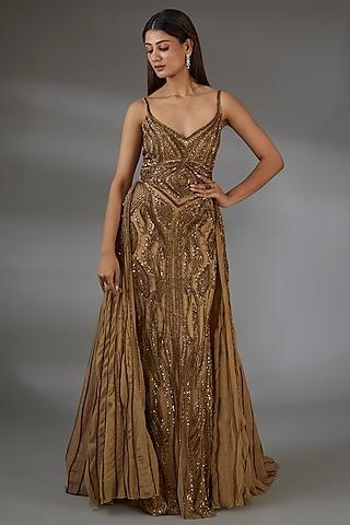 antique gold italian tulle crystal hand embroidered gown with overskirt