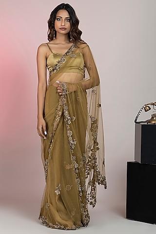 antique gold net hand embroidered saree set