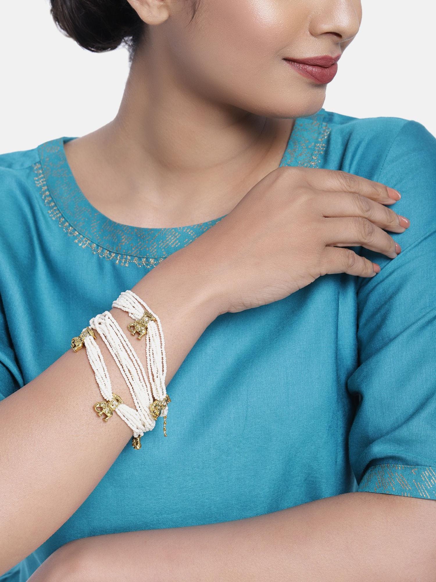 antique gold tone elephants multistrand pearls bracelet-zpfk10232