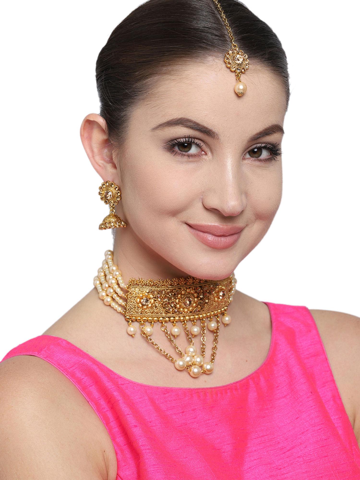 antique gold tone ethnic choker necklace, earring & maangtikka (set of 3)