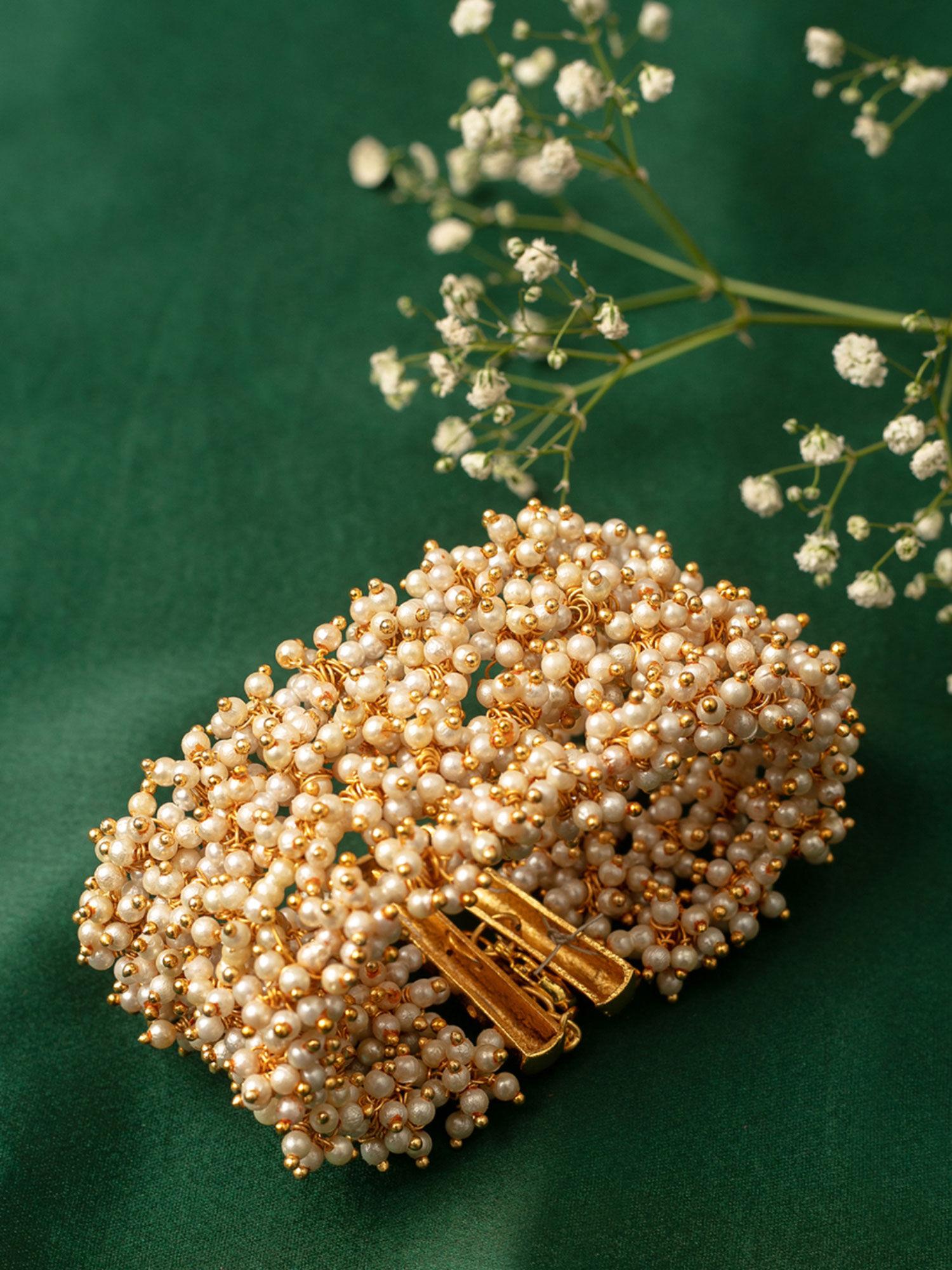 antique gold tone multistrand clustered pearls ethnic bracelet-zpfk10113