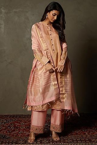 antique peach banarasi woven silk hand embroidered kurta set