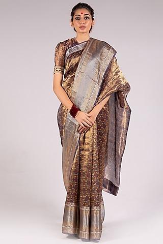 antique purple silk tissue printed zari saree set