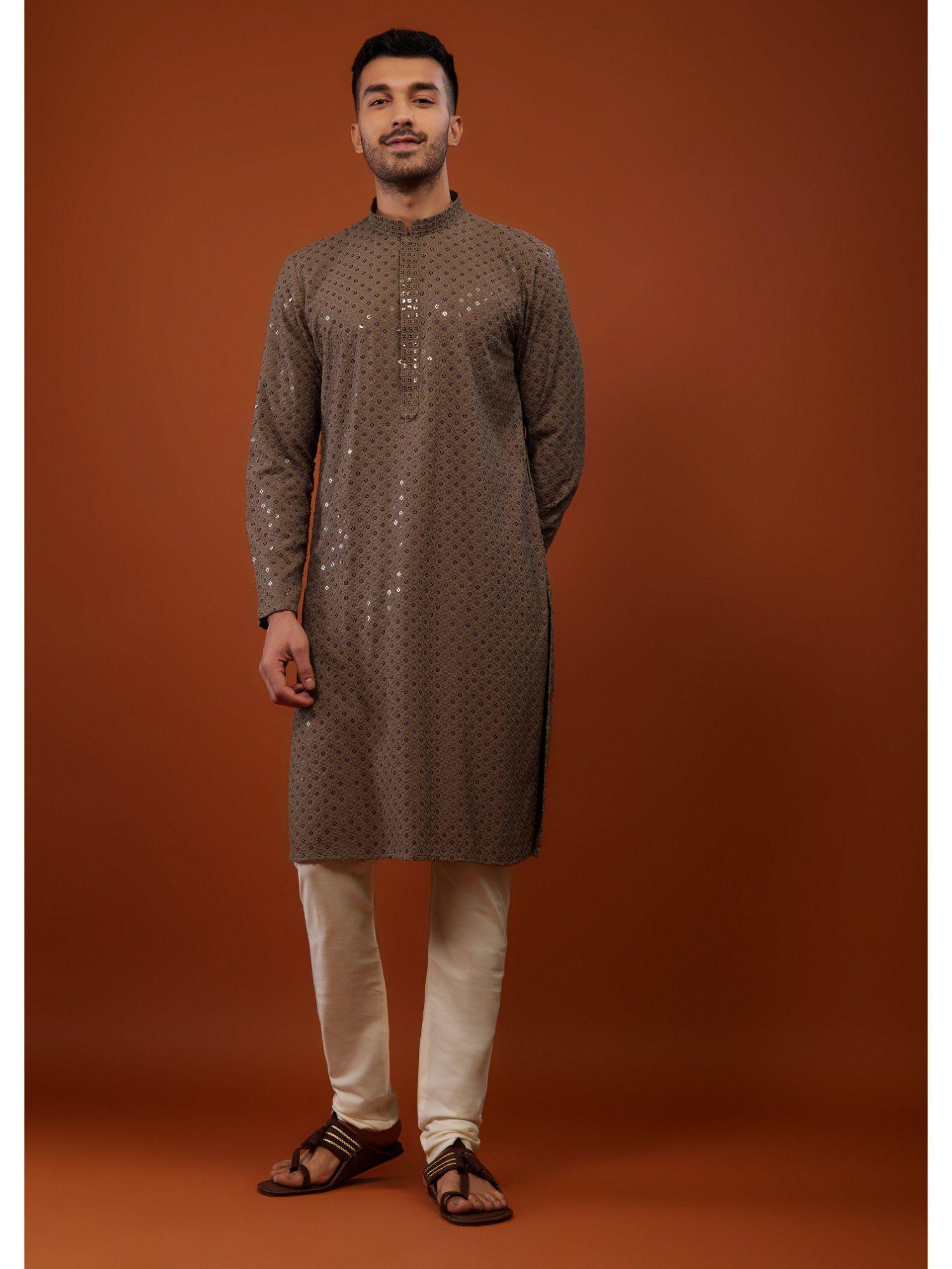 antler mauve brown embroidered cotton silk kurta (set of 2)