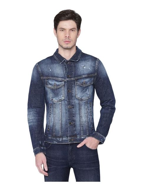 antony morato blue cotton regular fit distressed jacket