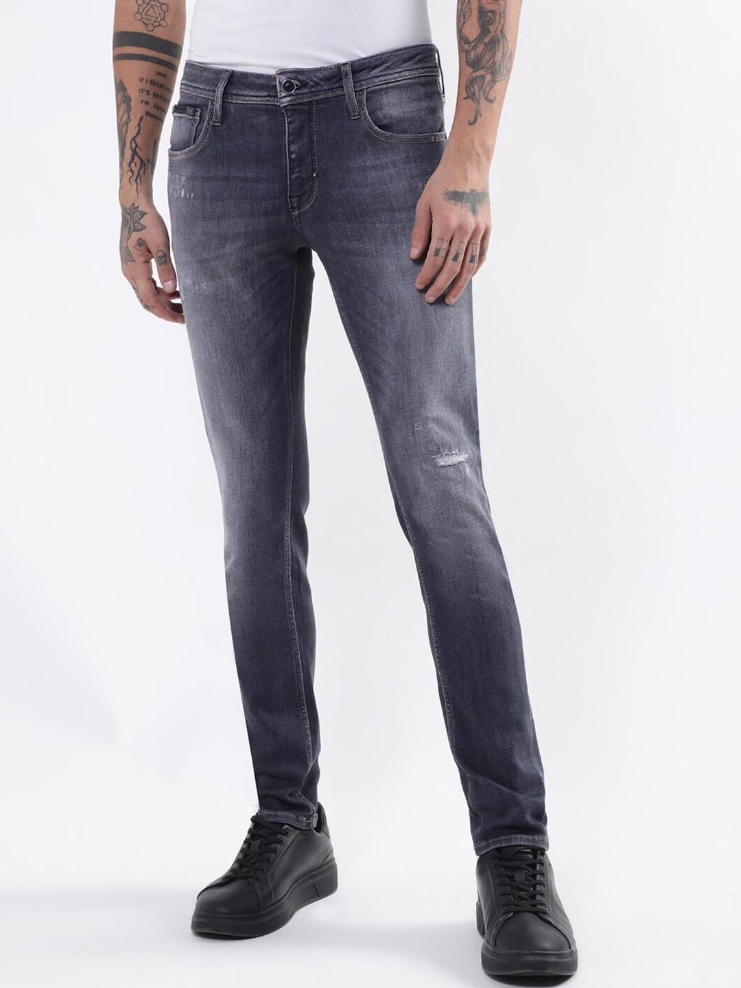 antony morato men grey tapered fit slash knee light fade stretchable cotton jeans
