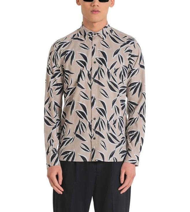 antony morato beige printed straight fit shirt