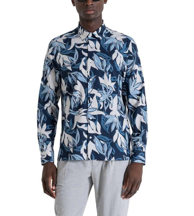 antony morato blue printed straight fit shirt