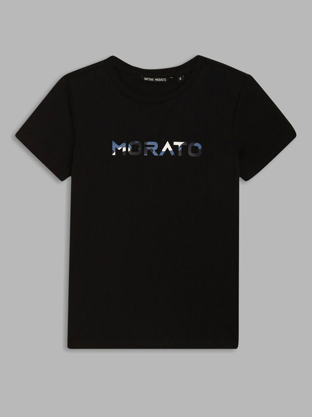 antony morato boys black & navy blue printed applique pure cotton t-shirt