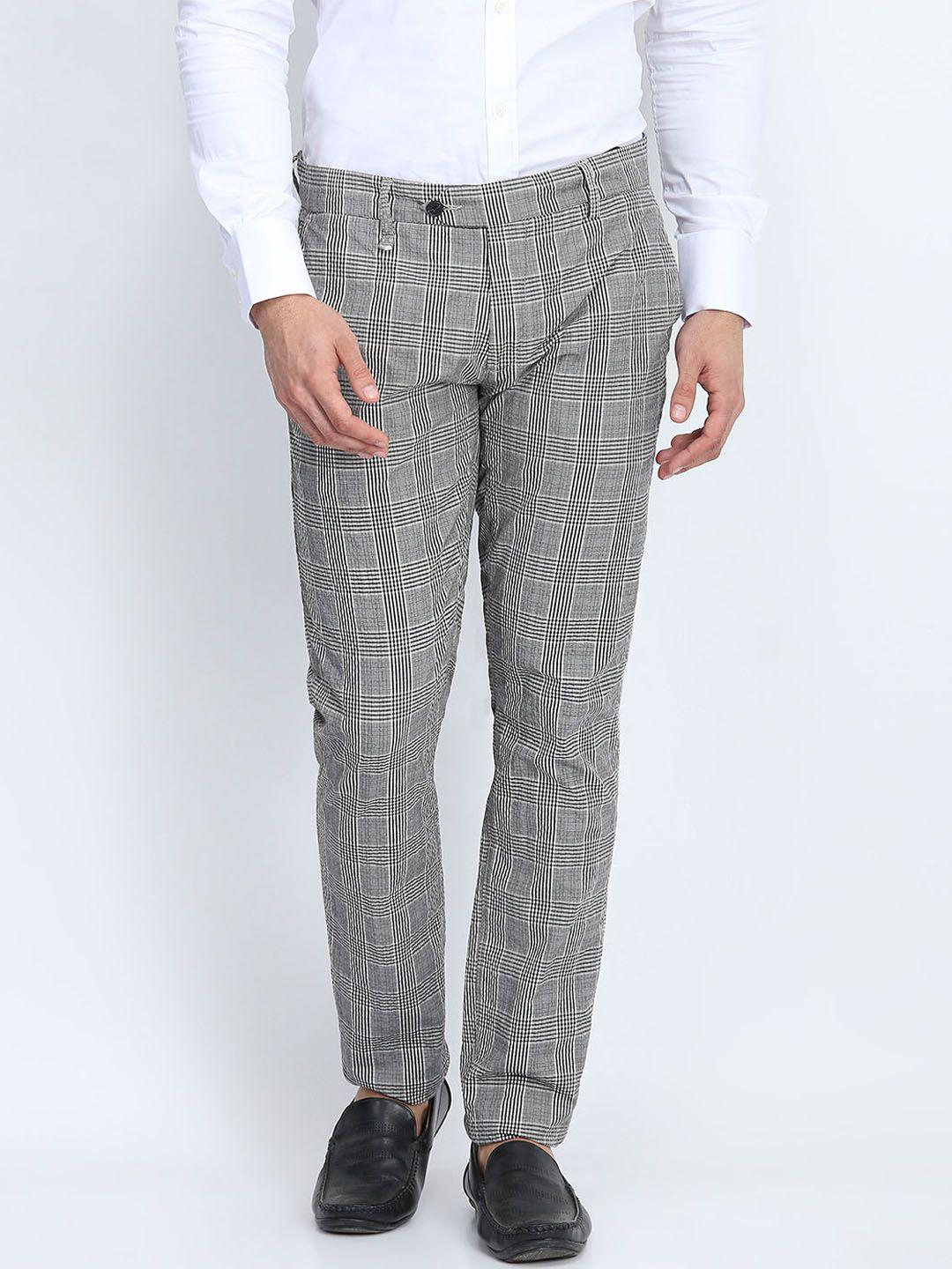 antony morato men black & white slim fit checked formal trousers