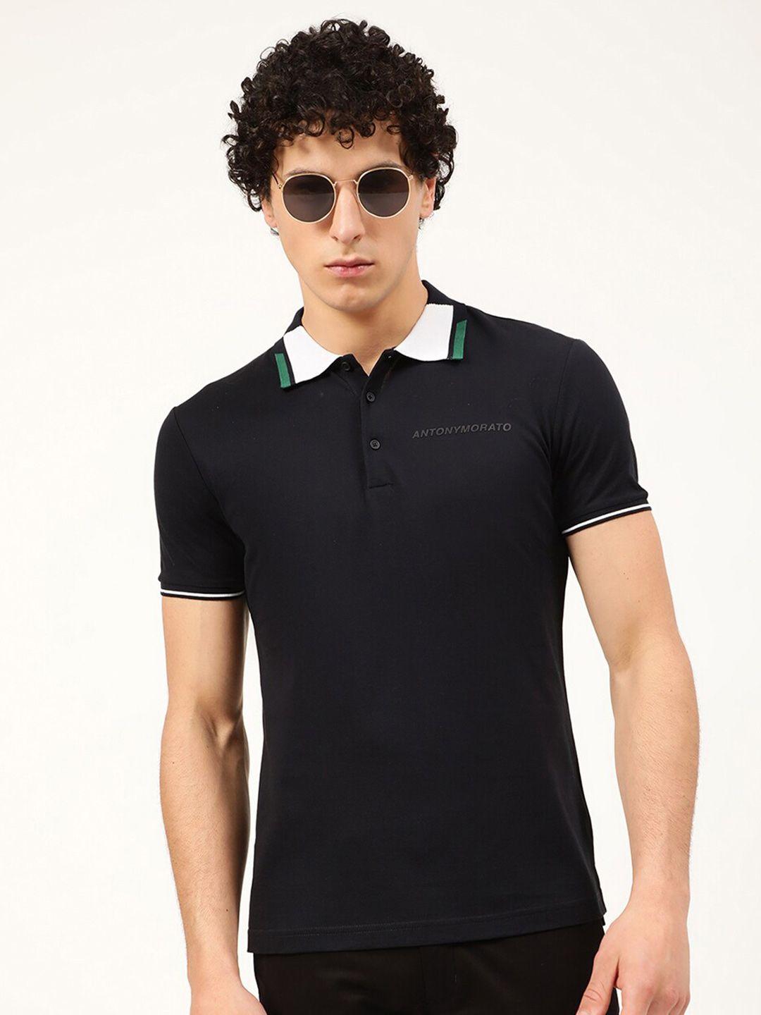 antony morato men black polo collar slim fit t-shirt