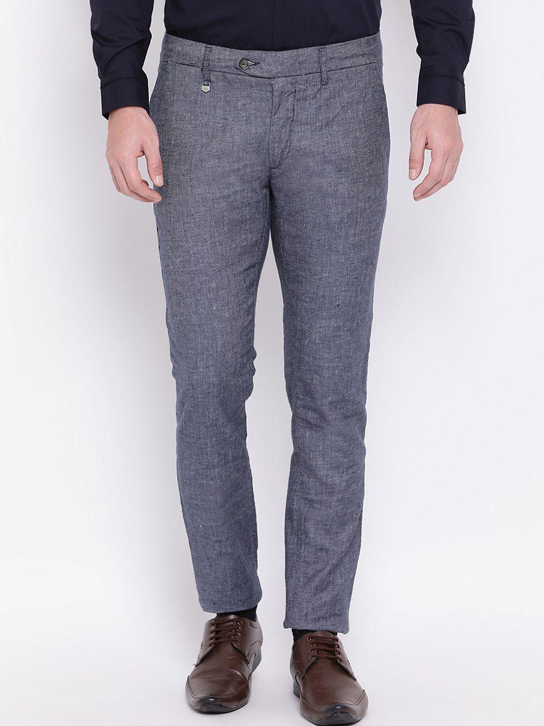 antony morato men blue regular fit solid formal trousers