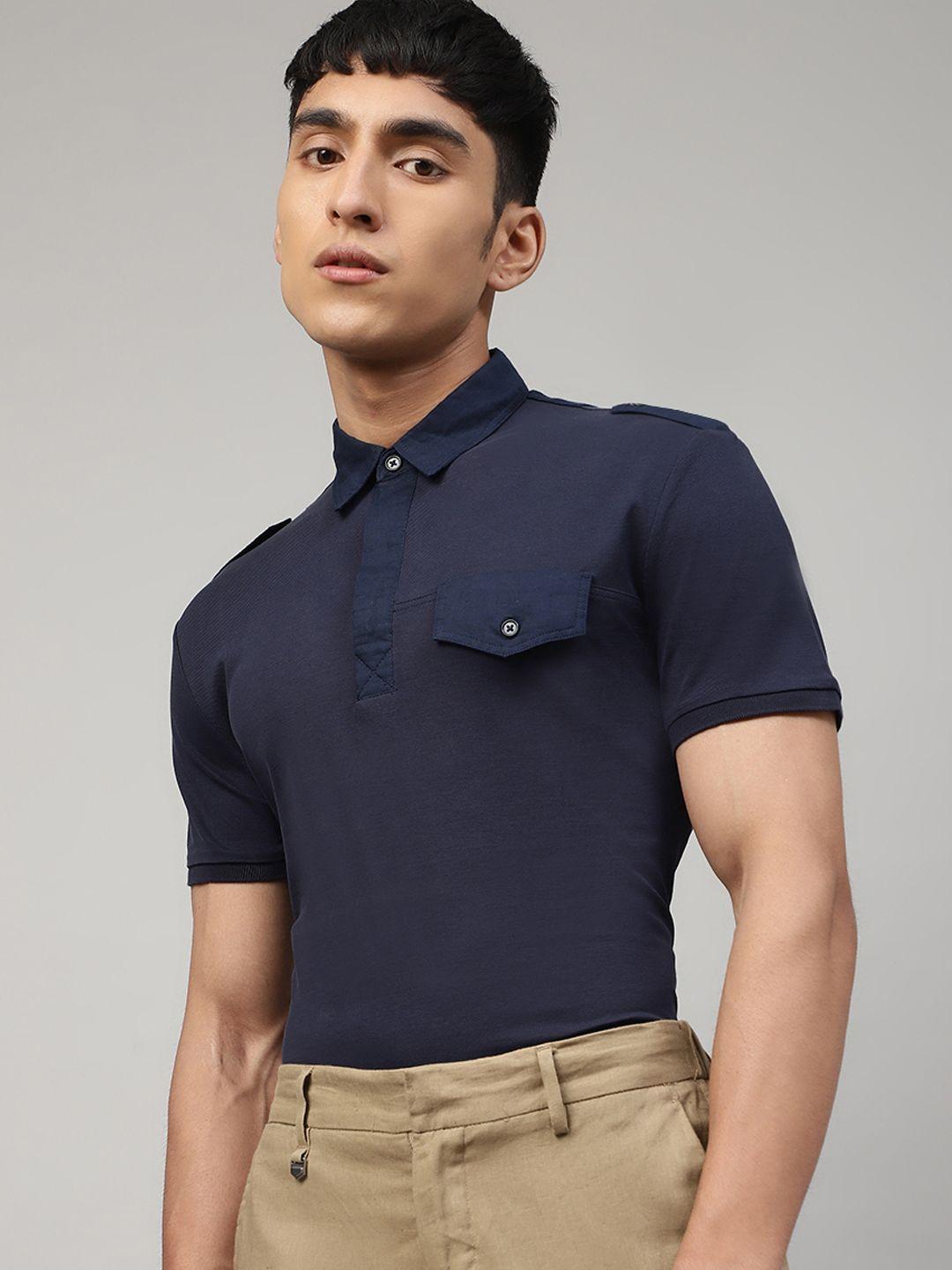 antony morato men blue self design mandarin collar t-shirt