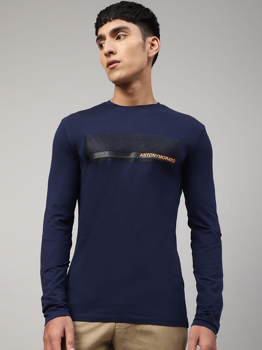 antony morato men blue typography printed slim fit t-shirt