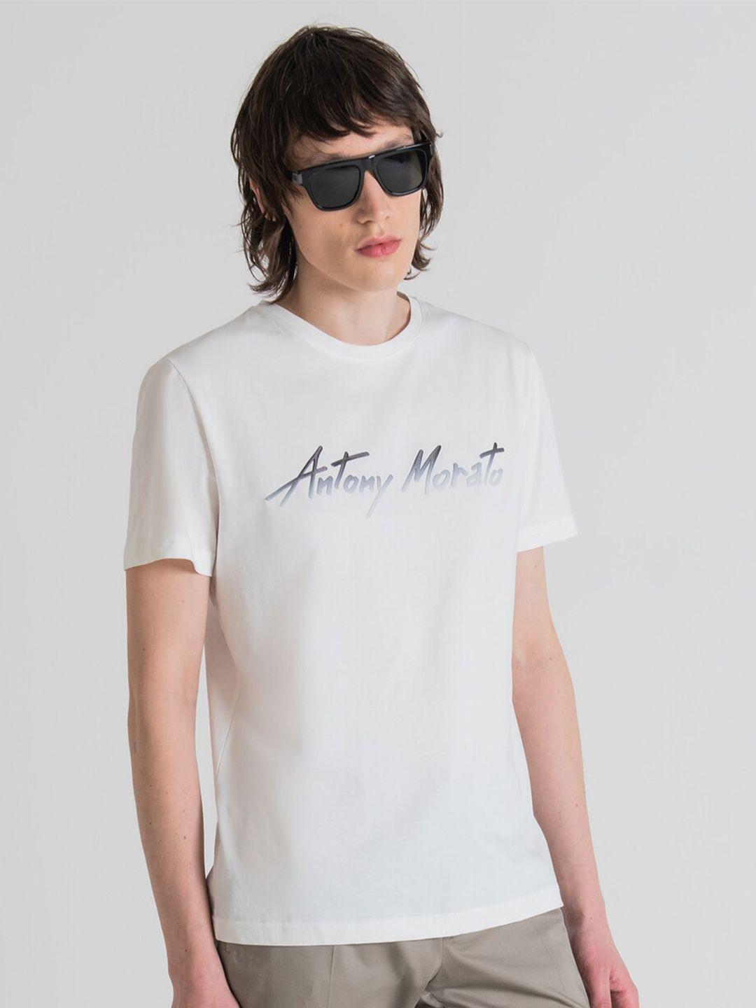 antony morato men cream-coloured applique slim fit t-shirt