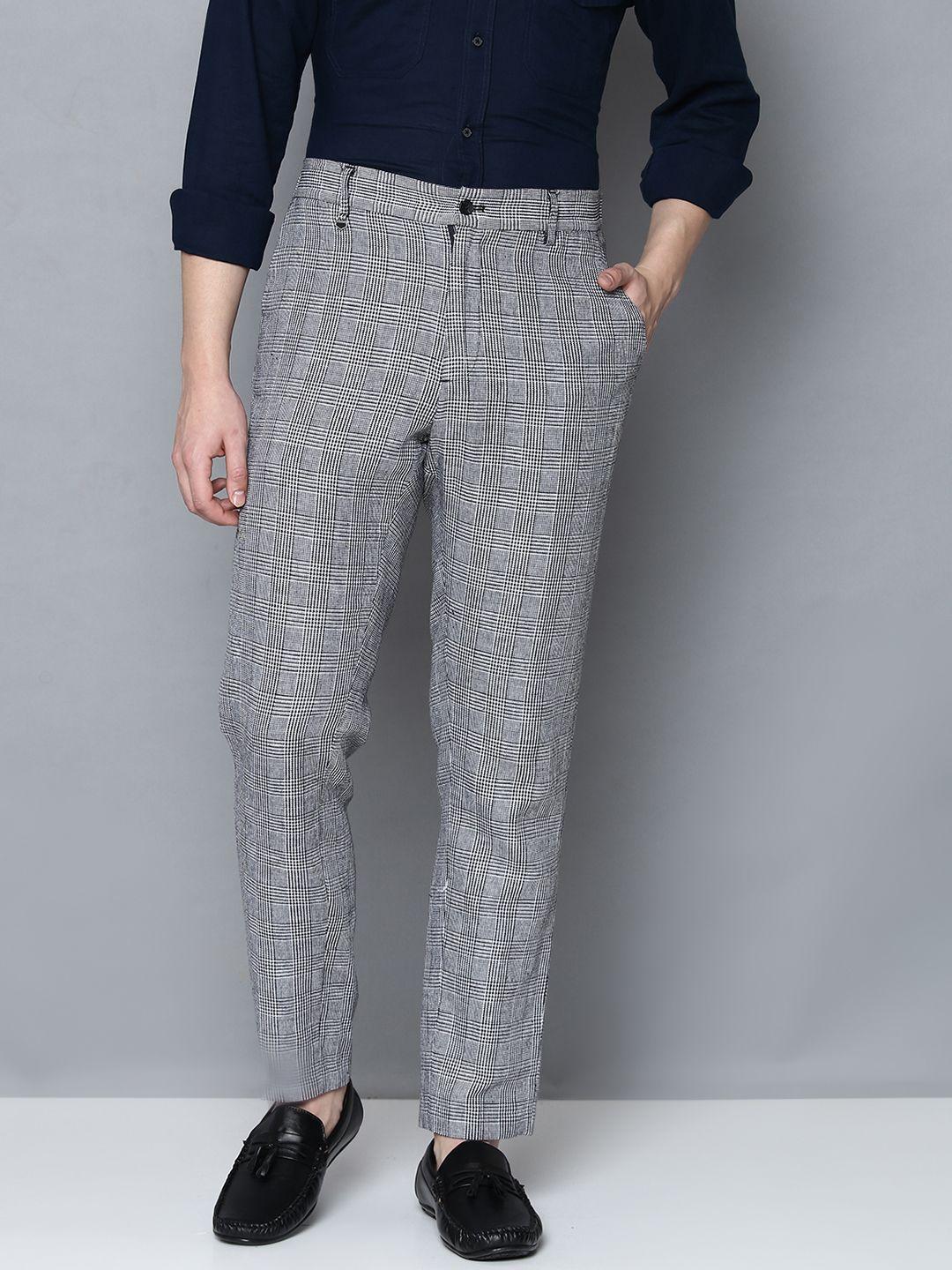 antony morato men grey checked linen cotton slim fit trousers